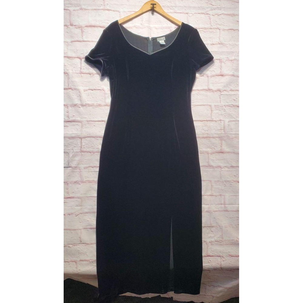 VTG Robbie Bee Velvet Maxi Dress Women 16 Black Slit Whimsigoth Party Formal 90s